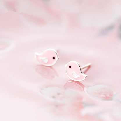 Sterling Silver Pink Bird Stud Earrings