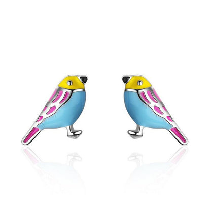 Sterling Silver Colorful Bird Stud Earrings