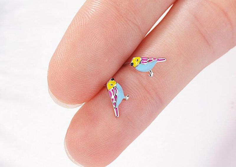 Sterling Silver Colorful Bird Stud Earrings