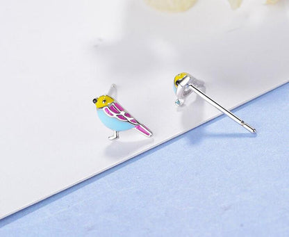 Sterling Silver Colorful Bird Stud Earrings