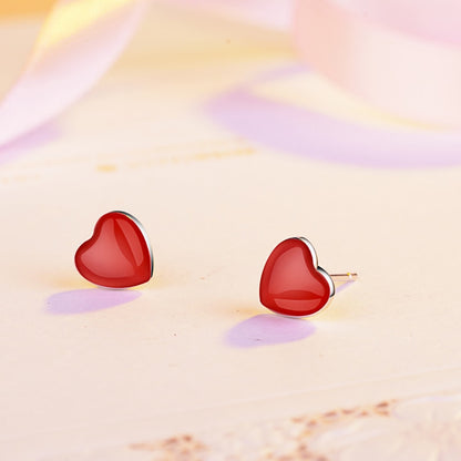 Sterling Silver Enamel Red Heart Stud Earrings