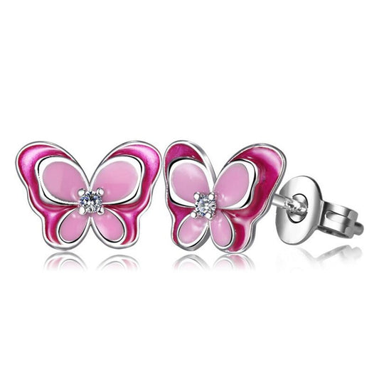 Sterling Silver Pink Enamel Butterfly Stud Earrings