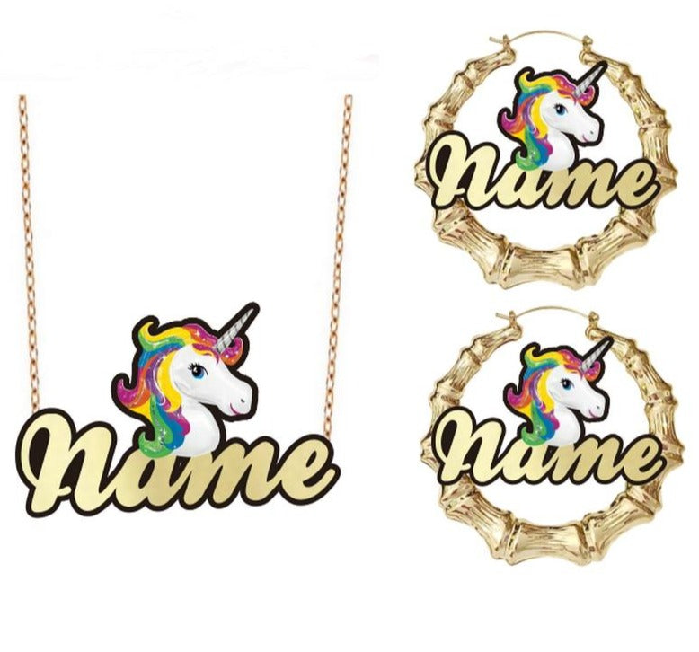 Rainbow Personalized Unicorn Necklace Set