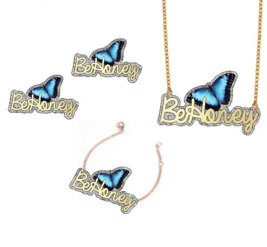 Blue Butterfly Personalized 4-Piece Jewelry Set