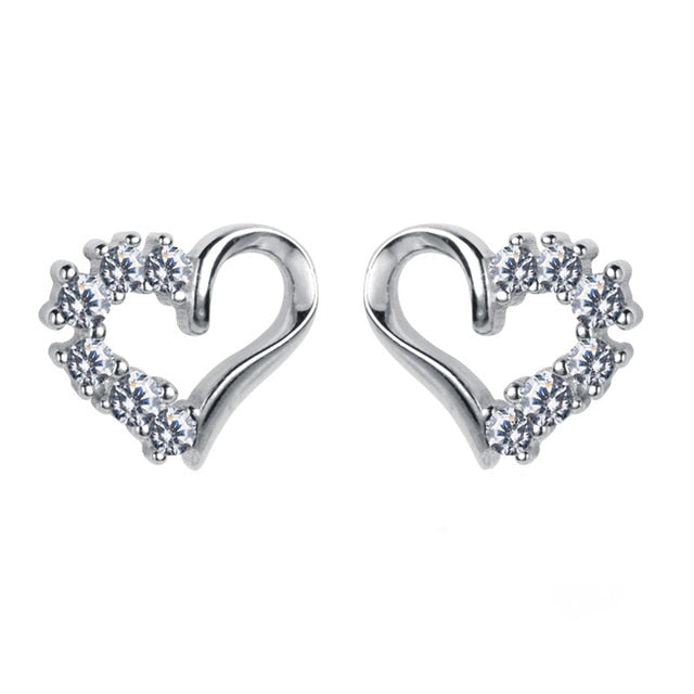 Sterling Silver Hallow Heart Diamond Stud Earrings