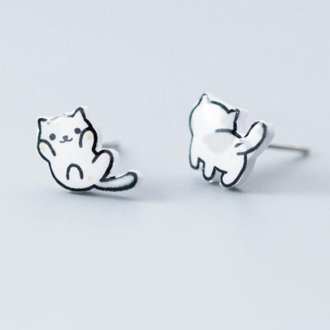 Sterling Silver Playful Cat Stud Earrings