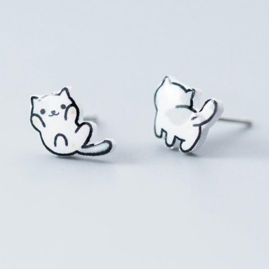 Sterling Silver Playful Cat Stud Earrings