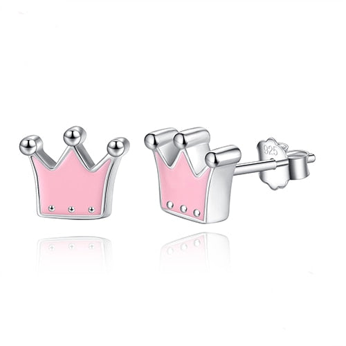 Sterling Silver Pink Crown Stud Earrings