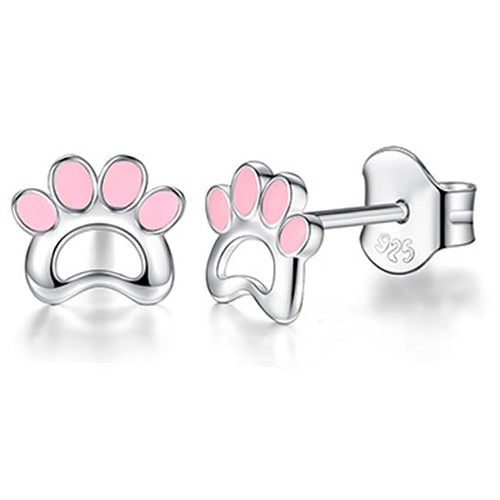 Sterling Silver Pink Paw Stud Earrings