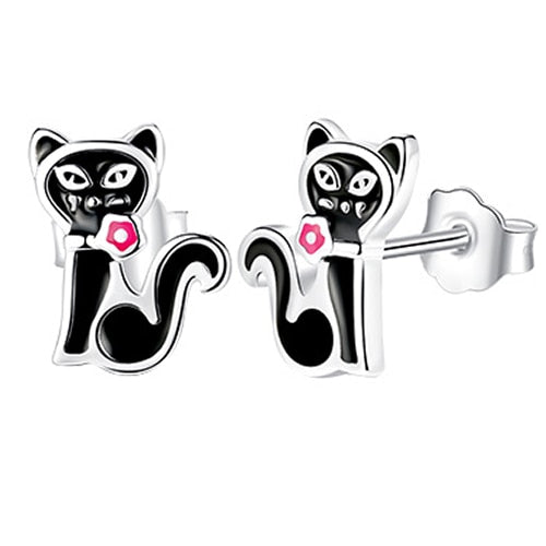 Sterling Silver Black Cat Stud Earrings