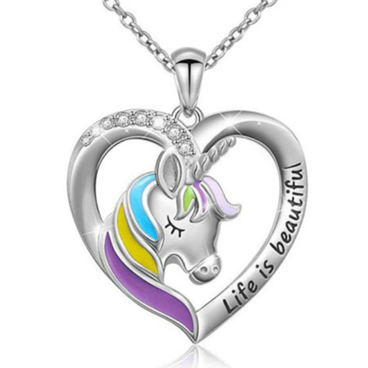 Sterling Silver Unicorn Life Is Beautiful Charm Necklace