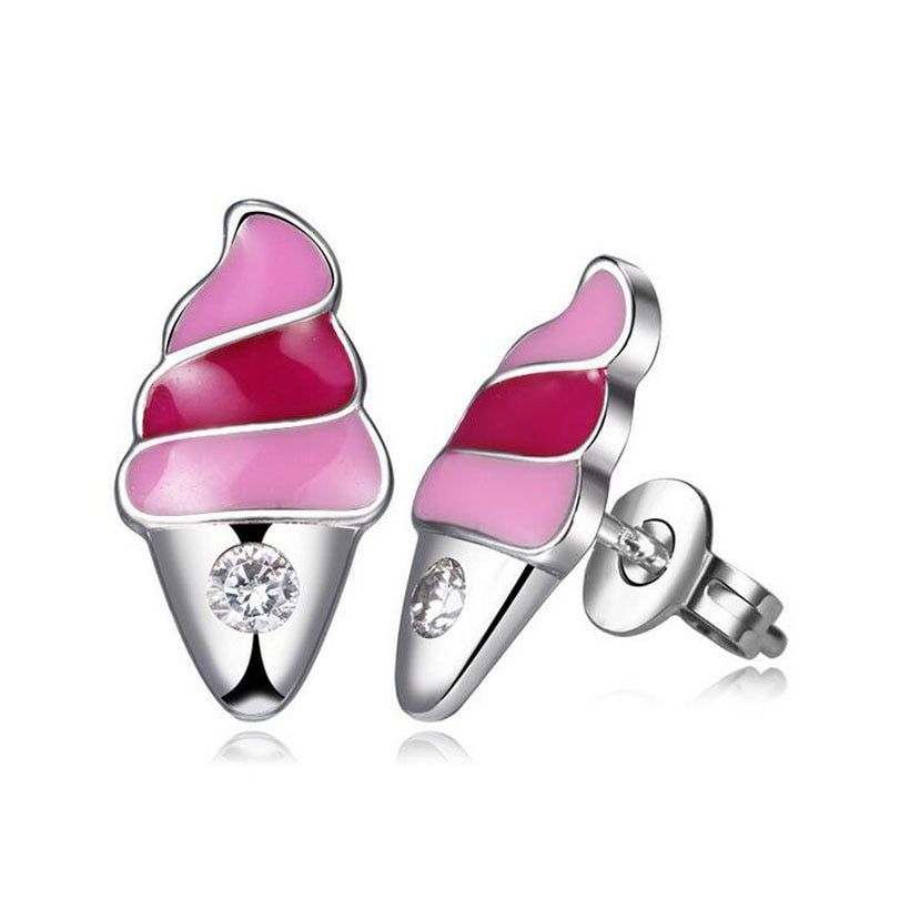 Sterling Silver Pink Ice Cream Cone Stud Earrings