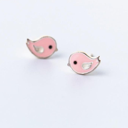 Sterling Silver Pink Bird Stud Earrings